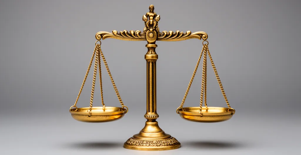 Balance de justice dorée en équilibre sur fond neutre