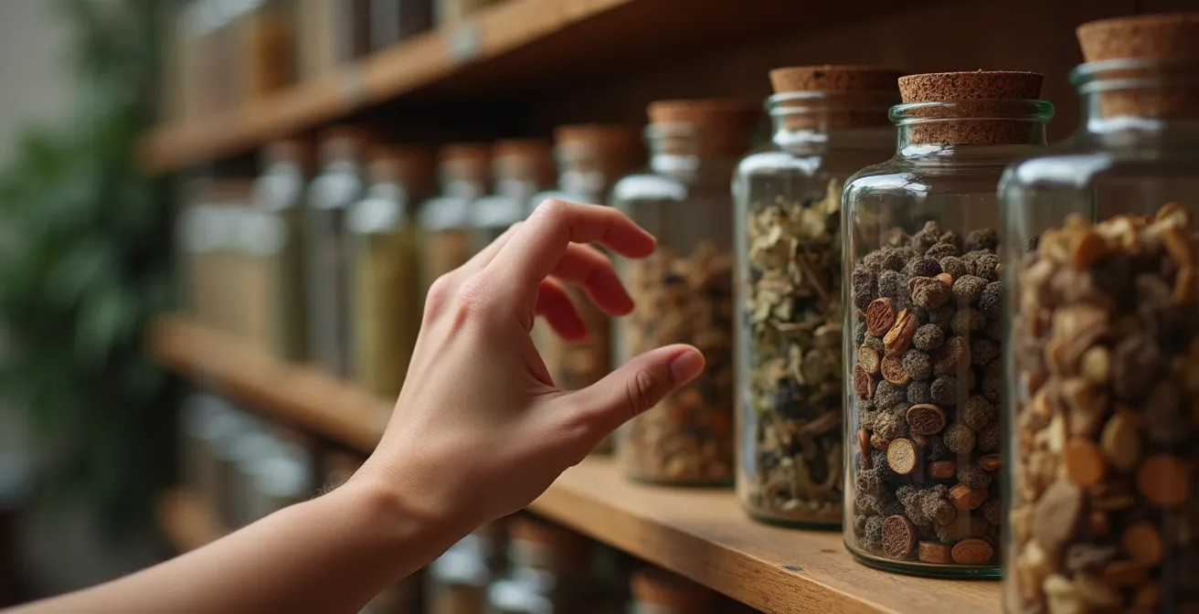 Main hésitante devant étagère de produits CBD flous en arrière-plan