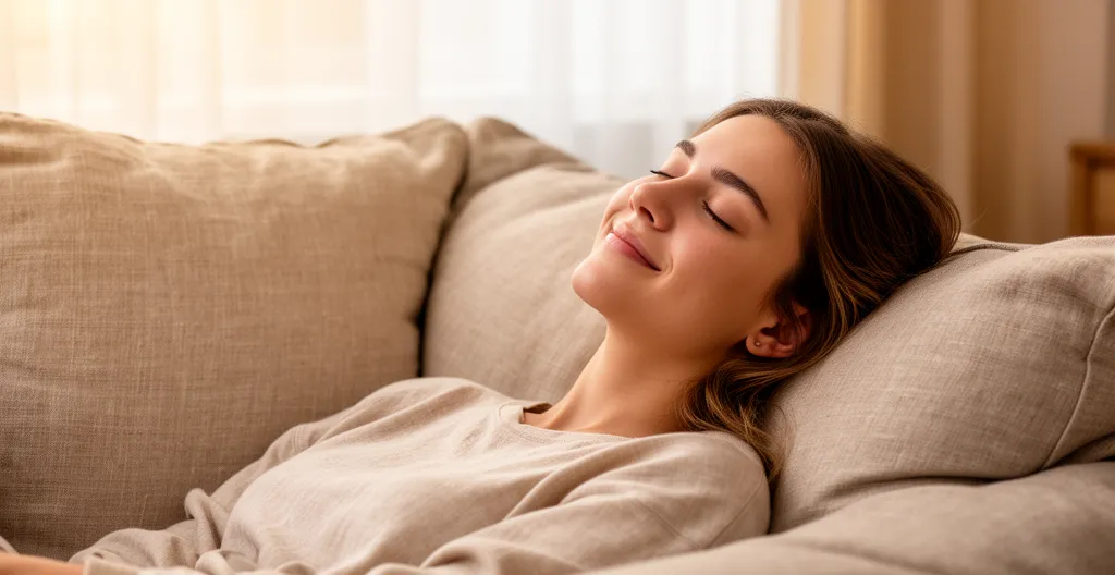 Personne détendue sur un canapé avec expression sereine