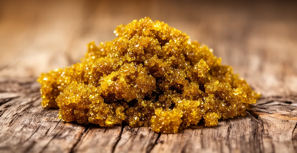 Morceau de résine de cannabis dorée sur surface en bois